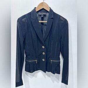 Sandra Angelozzi Black Mesh‎ Blazer Gold Buttons Front Faux Pockets Size 34